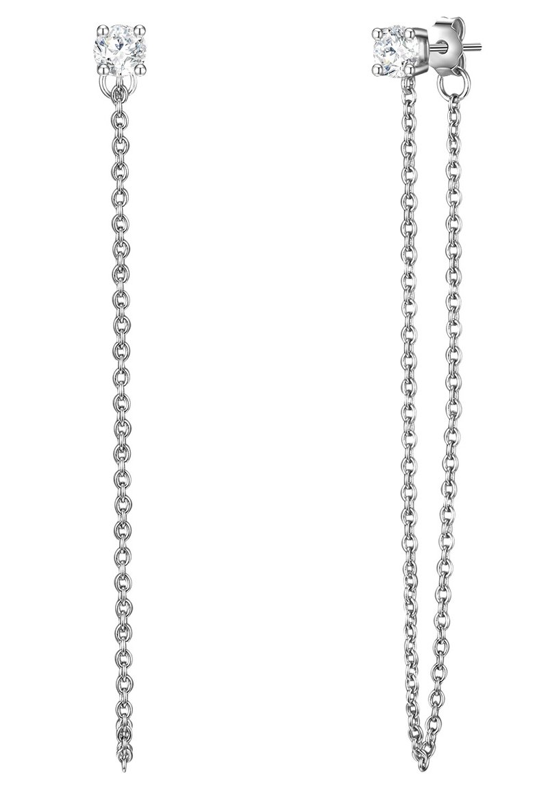 Sølv dinglende øreringe med en rund klar sten for oven og en lang kæde af sammenkoblede sølvcirkler, der skaber et forlængende design.