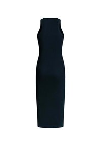 Schwarzes, ärmelloses Midikleid aus geripptem Stoff. Es hat eine figurbetonte Silhouette und einen Rundhalsauschnitt, mit einer glatten Textur und ohne sichtbare Muster.