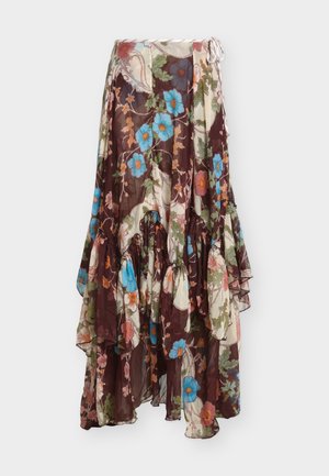 Saia longa floral em tecido semi-transparente. Apresenta folhos na bainha, padrões florais multicoloridos num fundo castanho escuro e um cordão para apertar.