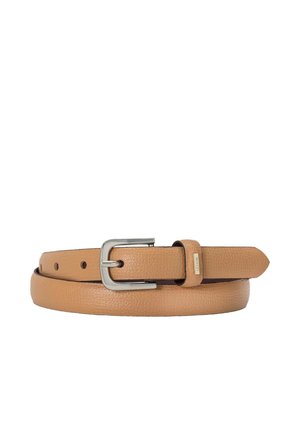 Skórzany pasek w kolorze brązowym o teksturowanym wykończeniu, z metalową klamrą w kolorze srebrnym i pięcioma regulowanymi dziurkami. Charakteryzuje się smukłym, klasycznym designem.