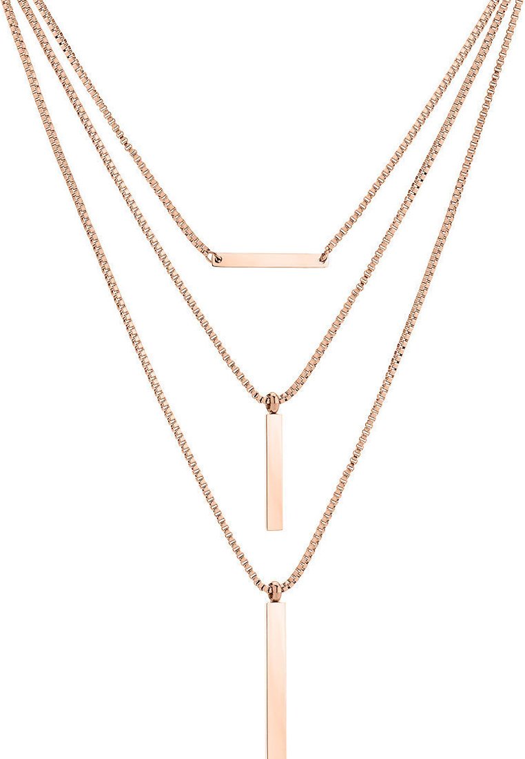 Dreilagige Halskette aus roségold mit dünnen, strukturierten Ketten und rechteckigen Stäben in unterschiedlichen Längen in einem minimalistischen Design.
