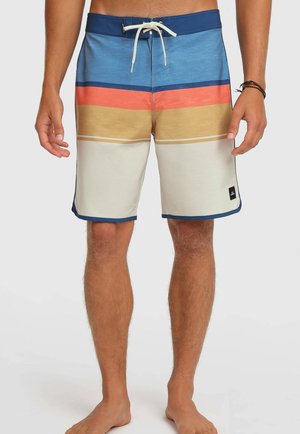 Men's swim shorts featuring horizontal stripes in blue, orange, and beige, with a drawstring waist and a logo accent on the leg.