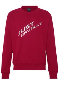 Rode katoenen sweatshirt met een geribbelde ronde halslijn en lange mouwen, met "JUST CAVALLI" in metallic zilveren opdruk aan de voorkant.
