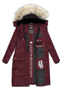 Maroon padded coat with fur-lined hood, zipper and snap closures, black inner lining, red trim, and decorative text and logo on the interior pocket.
