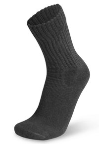 Dunkelgraue Socke mit geripptem Muster, Knöchelhöhe, elastischem Bündchen und abgerundeter Zehenpartie. Hergestellt aus weichem, elastischem Material für zusätzlichen Tragekomfort.