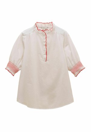 Biela blúzka s 3/4 rukávmi, červeným nariaseným lemom na golieri a prednom diele s gombíkmi a červenými vzorovanými manžetami.