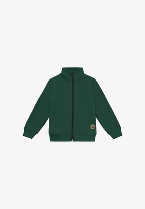 Ciemnozielona kurtka na pełny zamek błyskawiczny z wysokim kołnierzem, ściągaczami na mankietach i dole oraz okrągłą naszywką z logo na dolnej lewej stronie.