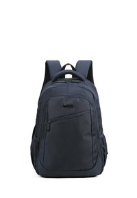 Sac à dos bleu marine en tissu texturé, avec des bretelles rembourrées réglables, une poignée sur le dessus, une poche zippée à l'avant et plusieurs compartiments.