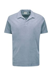 Korte mouwen, kraag polo shirt van lichtblauwe badstof. Voorzien van een drieknoopssluiting en een platte kraag. Zachte textuur, casual pasvorm.