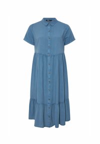 Abito in denim blu con colletto, maniche corte, chiusura frontale con bottoni e gonna a strati con vita arricciata. Texture liscia.