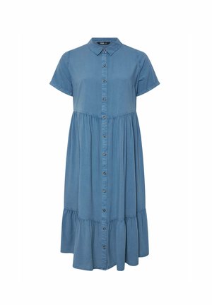 Blue denim dress with a collared neckline, short sleeves, button front, and a tiered skirt with a gathered waistline. Smooth texture.