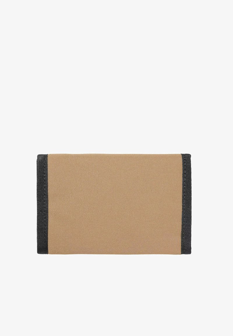 Cartera rectangular plana hecha de tela texturizada, con bordes en negro oscuro. Diseño simple sin patrones ni herrajes visibles.