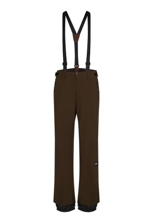 Pantalons de snowboard marron avec bretelles noires réglables, poches zippées, ourlets renforcés et un écusson logo sur la cuisse.