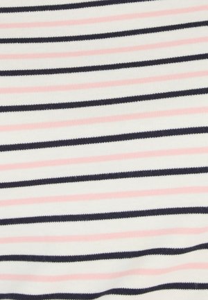 Horizontale strepenpatroon in afwisselend lichtroze en donker marineblauw op een witte stofachtergrond.