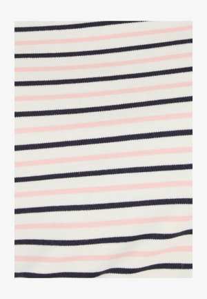 Horizontales Streifenmuster in abwechselndem Hellrosa und Dunkelmarineblau auf weißem Stoffhintergrund.