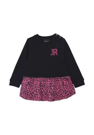 Abito lungo nero a maniche lunghe con gonna svasata a stampa leopardo rosa. Presenta un ricamo "JR" e bottoni a pressione sulla spalla per un facile vestire.