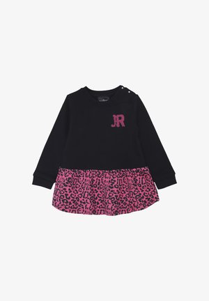 Abito lungo nero a maniche lunghe con gonna svasata a stampa leopardo rosa. Presenta un ricamo "JR" e bottoni a pressione sulla spalla per un facile vestire.