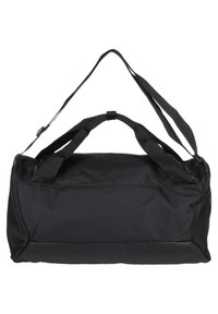 Black duffel bag with dual handles and adjustable shoulder strap, made from textured fabric featuring a top zipper closure.