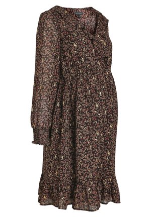 Dark brown maternity dress with pink and gold leopard print, long puffed sleeves, cinched waist, and ruffled hem and neckline.