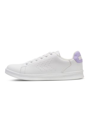 White sneakers with a smooth synthetic upper, purple heel accent, lace-up closure, and perforated detailing on the side. Rubber sole.