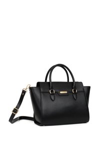 Zwarte gestructureerde handtas van textuur faux leer, met goudkleurige hardware, dubbele handgrepen en een verwijderbare schouderband.