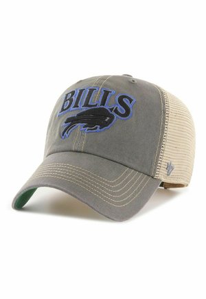 Graue und beige Mesh-Baseballkappe mit "BILLS" und einem Büffel-Logo, das in Schwarz und Blau auf das Frontpanel gestickt ist.