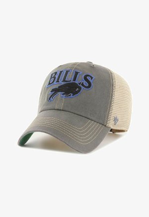Graue und beige Mesh-Baseballkappe mit "BILLS" und einem Büffel-Logo, das in Schwarz und Blau auf das Frontpanel gestickt ist.