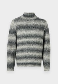 Pull en maille à col roulé avec un col côtelé, présentant un motif dégradé dans des nuances de gris et de blanc. Texture douce, manches longues.
