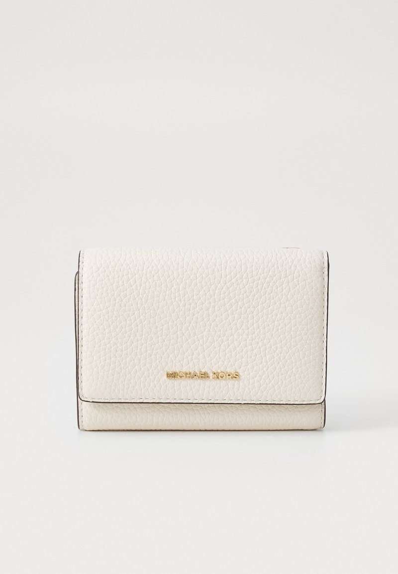 Cream leather wallet with a textured finish, features a gold logo, rectangular shape, and a flap closure. Compact and minimalistic design.