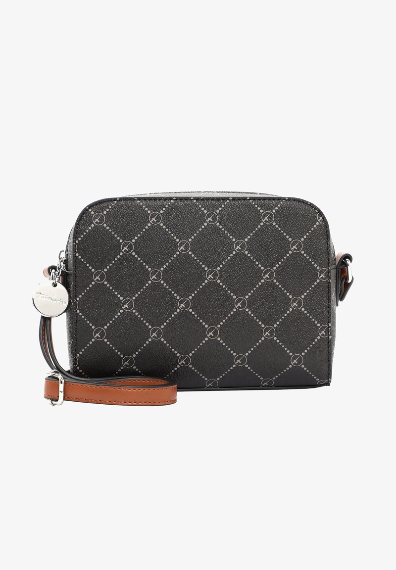 Sac bandoulière noir avec motif géométrique gris, bandoulière réglable en cuir marron et étiquette de marque ronde argentée sur la fermeture éclair.