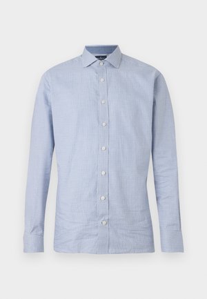 Camicia a maniche lunghe a quadri blu e bianchi con colletto, bottoni frontali e una texture liscia. Tessuto leggero adatto per essere indossato a strati.