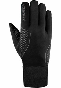 Schwarze Handschuhe mit einer strukturierten Griffzone, glattem Stoff und passgenauer Passform. Mit einem Logo am Handgelenk und dekorativen Nahtakzenten.