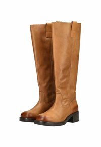 Botas altas de cuero marrón con una textura suave, punteras redondeadas y un tacón bajo en bloque. Presentan pestañas laterales y costuras decorativas.