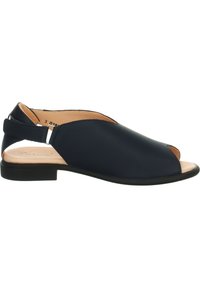 Open-toe sandals in navy blue leather with a flat black sole, featuring a slingback design and small cutouts on the upper for ventilation.
