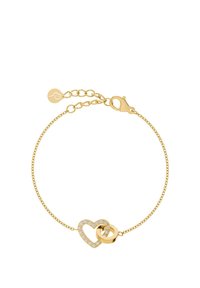 Zlata zapestnica z verižico z obeskom v obliki srca, okrašenim z majhnimi diamanti, in povezanim preprostim zlatim prstanom kot obeskom.