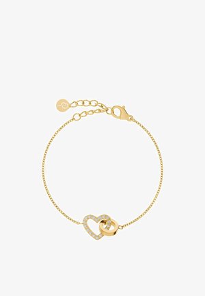 Bracelet chaîne en or avec un pendentif en forme de cœur orné de petits diamants et un charm anneau en or uni entrelacé.