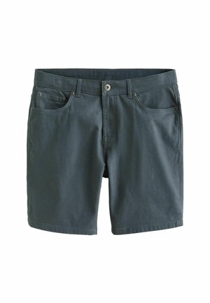 Tumed hallide denimsallid suvepüksid, millel on sile tekstuur, viis taskut, nupplukuga ja vöörihmadega.