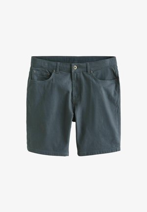 Sötét szürke farmer rövidnadrág sima textúrával, öt zsebbel, gombos záródással és övhurkokkal.