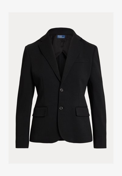 Blazer nero da donna su misura con rever a lancia, chiusura a due bottoni, tasche con patta e taschino sul petto, etichettato Polo by Ralph Lauren.