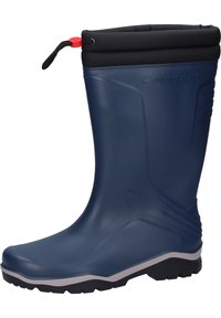 Navy waterproof rubber boot with a black foldable collar. Features a textured sole and a red toggle for secure fit. Designed for outdoor use.
