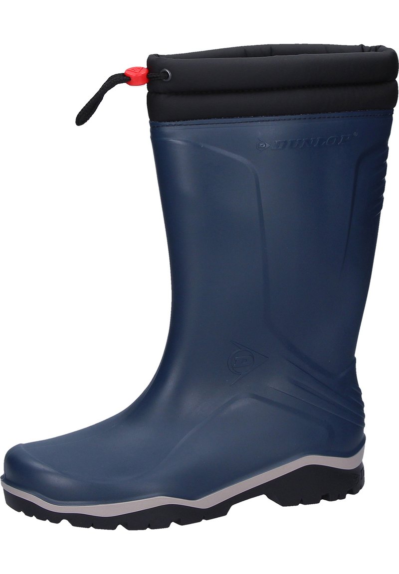 Navy waterproof rubber boot with a black foldable collar. Features a textured sole and a red toggle for secure fit. Designed for outdoor use.
