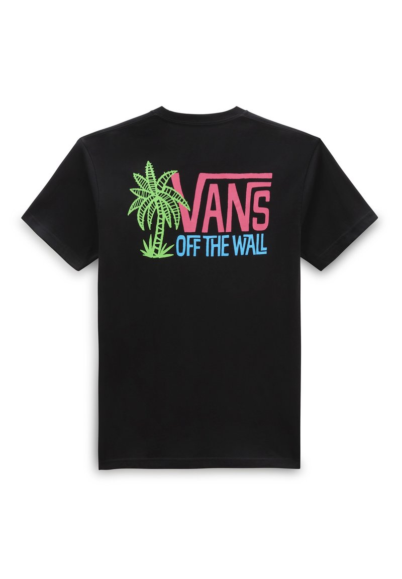 Chemise noire à manches courtes avec un palmier vert et le texte "VANS" en rose et "OFF THE WALL" en bleu dans le dos.