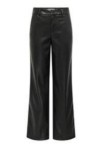 Pantaloni neri a gamba larga realizzati in pelle liscia e lucida. Presentano una vita classica, tasche anteriori e una silhouette dritta.