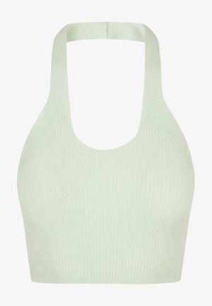 Ribbede halterneck crop top i lysegrøn, med et tætsiddende design og glat tekstur. Enkel, sømløs konstruktion uden hardware-detaljer.