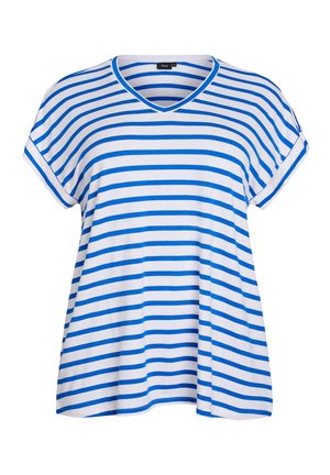 V-ringad kortärmad t-shirt med blå och vita horisontella ränder, tillverkad av mjukt tyg, med avslappnad passform och rundad fåll.