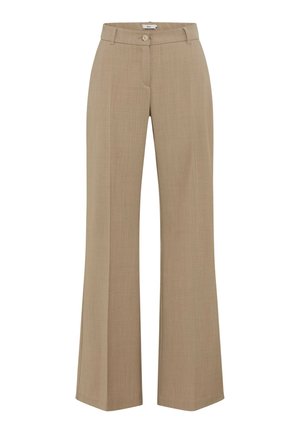 Beige weit geschnittene Hosen aus einem glatten, leichten Stoff, mit einem Knopfverschluss und einer taillierten Passform im Bund und an den Hüften.