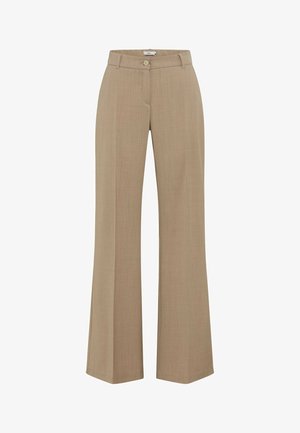 Beige weit geschnittene Hosen aus einem glatten, leichten Stoff, mit einem Knopfverschluss und einer taillierten Passform im Bund und an den Hüften.