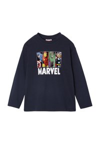 Navyblaues Langarmshirt mit einem Frontdesign von Marvel-Superhelden vor einem mehrfarbigen Hintergrund, mit "MARVEL" in Weiß aufgedruckt.