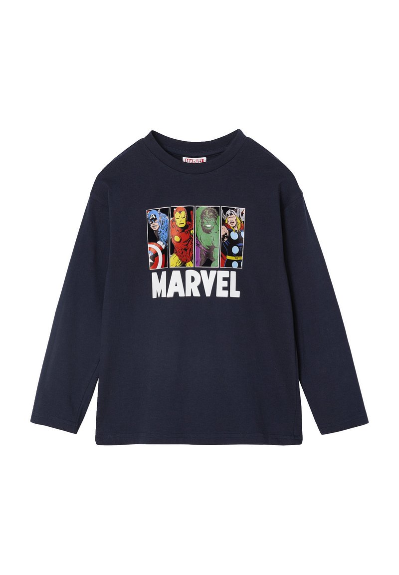 Navyblaues Langarmshirt mit einem Frontdesign von Marvel-Superhelden vor einem mehrfarbigen Hintergrund, mit "MARVEL" in Weiß aufgedruckt.