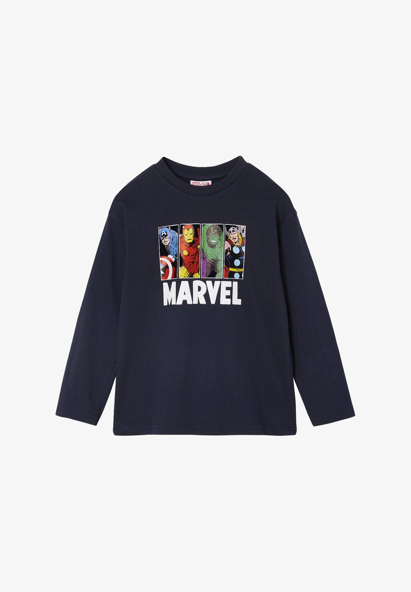 Navyblaues Langarmshirt mit einem Frontdesign von Marvel-Superhelden vor einem mehrfarbigen Hintergrund, mit "MARVEL" in Weiß aufgedruckt.